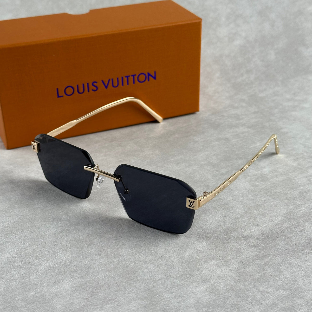 Classic L V Sunglasses Black Lens Gold Frame Rounded Rectangle Shades Unisex