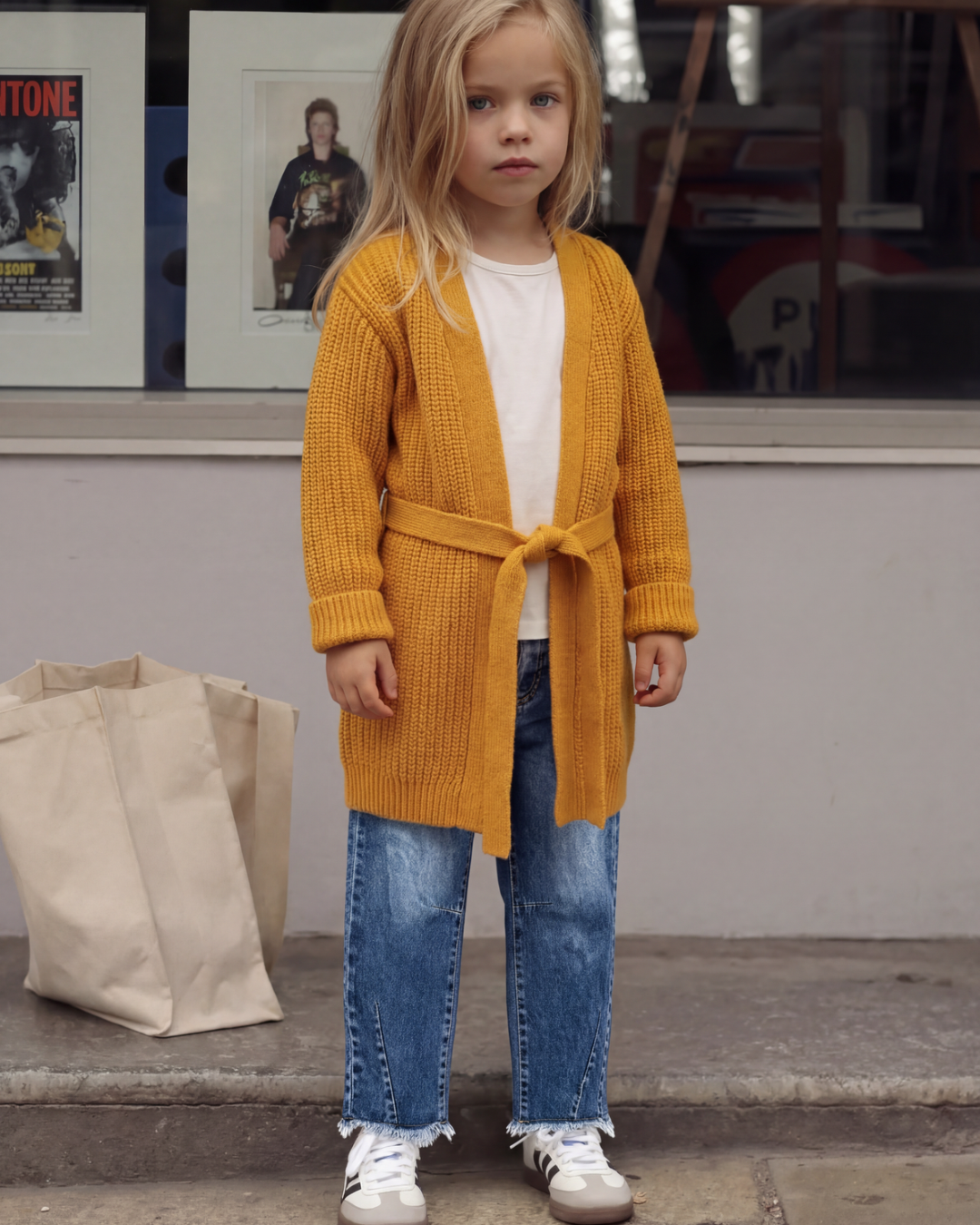 Golden Ease ( Long knitted cardigan + Barrel pants )